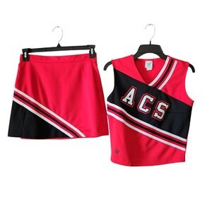Vtg VARSITY School Cheerleader Uniform Top Skirt Cheer Costume PX 10-14 Red Blac